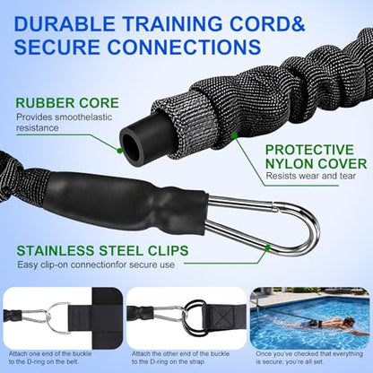 Swimming Training Belt 8-25FT Adjustable Swimming Resistance Belt, Stationary Harness for Any Pool Without Counter Current System - color: Black