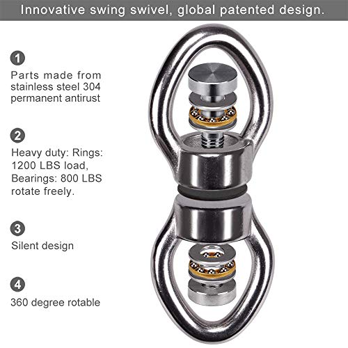 SELEWARE Silent Bearing Swing Swivel with 2 Carabiners, 360° Rotational Device Hanging Accessory for Tree Swing, Hammock Chair, Yoga,1200LB Capacity | Quiet Smooth Rotation, Supports Up to 1200LB, Quick Connect Buckles, 1 Pack for Swings, Hammocks, Tire S