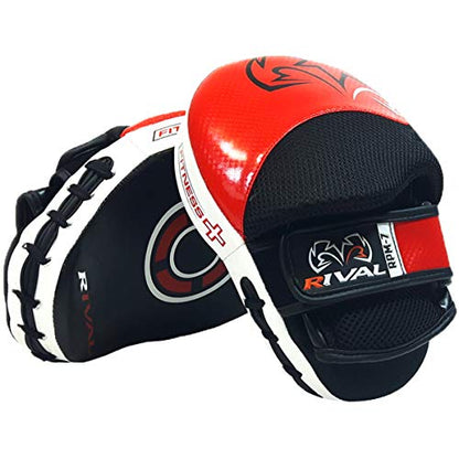 RIVAL Boxing RPM7 Fitness Plus Punch Mitts - Curved Striking Surface, Hook and Loop Wrist, Ergonomic Fit, and Padded Finger Protector - color: Red/Black