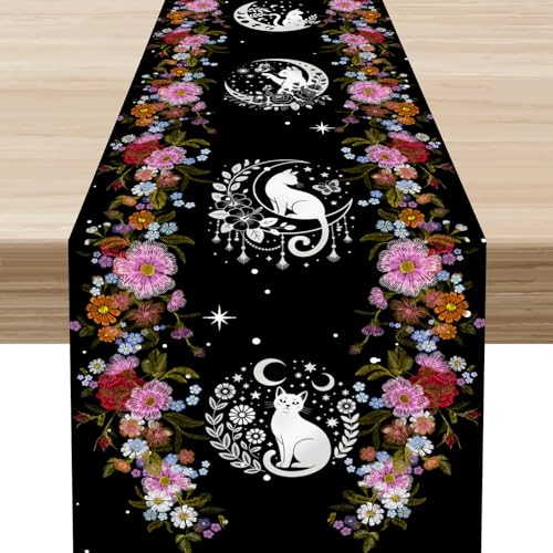 Boho Floral Moon Table Runner,Vintage Mystic Boho Cat Butterfly Moon Stars Botanical Dark Table Center Decor for Home Kitchen Dining Patio Holiday Party Indoor Outdoor Table Decorations 13x36 inch - color: Fmoon-1, size: 13x36" Table Runner