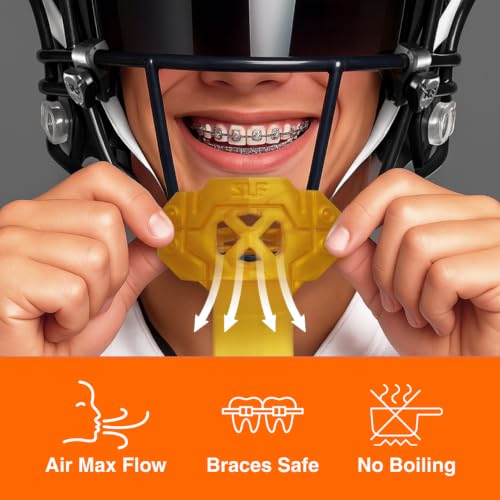 SLEEFS X Gold Football Mouth Guard - Lip/Mouthguard with Helmet Strap - Lip/Teeth Protector Mouthpiece - Moldable - for Youth/Adults, Men & Women Mouth Guard, Maximum Air Flow, Lacrosse, All Sports - color: Gold