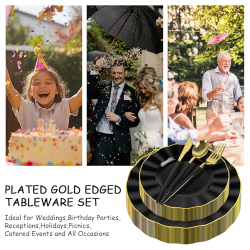 150Pcs Plastic Plates with Gold Rim,Heavy Duty Black Plates for 30 Guests,Plastic Dinnerware Set Include 30 Dinner Plate,30 Dessert Plate,90 Gold Cutlery Set for Party (Black) - color: Black