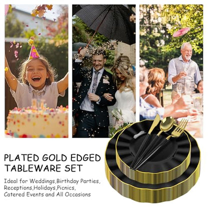 150Pcs Plastic Plates with Gold Rim,Heavy Duty Black Plates for 30 Guests,Plastic Dinnerware Set Include 30 Dinner Plate,30 Dessert Plate,90 Gold Cutlery Set for Party (Black) - color: Black