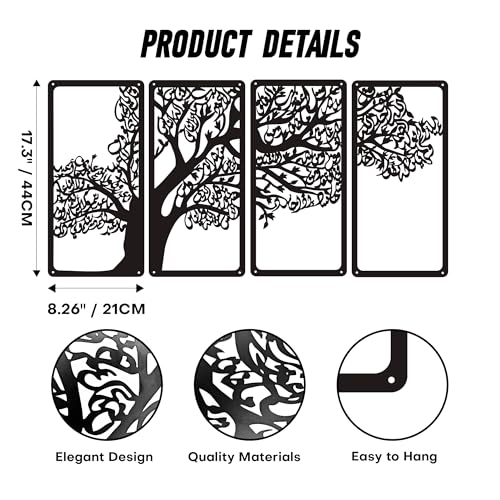 YATEASLU 4 Quls Islamic Wall Art Set - Metal Arabic Calligraphy Decor | Set of 4 matte black metal surah tree plaques.Features Al-Falaq,An-Nas,Al-Kafirun,Al-Ikhlas.Pre-drilled with screws.