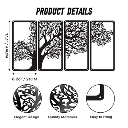 YATEASLU 4 Quls Islamic Wall Art Set - Metal Arabic Calligraphy Decor | Set of 4 matte black metal surah tree plaques.Features Al-Falaq,An-Nas,Al-Kafirun,Al-Ikhlas.Pre-drilled with screws.