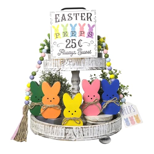 Dazingart 7 Pieces Easter Tiered Tray Decor Set Wooden Bunny Sign Rustic Rabbit Table Decorations Farmhouse Coffee Bar Signs Spring Tray Decor for Home Kitchen Tabletop (Easter B) - color: Easter B