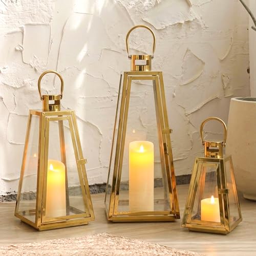 TRIROCKS Set of 3 Stainless Steel Candle Lantern 21/16/11''H Metal Outdoor Candle Holder Decorative Hanging Lantern with Tempered Glass for Home Living Room Parties Event Indoor Outdoor(Gold Triangle) - color: Gold