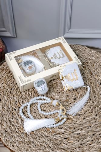 SODEF 10 Piece Prayer Set with Beaded Tasbih, Mini Quran, and Swarovski Zikirmatik Counter - White Finish, Velvet Cover, Appropriate for Hajj, Umrah, Weddings, and Gifts - Includes 10 Sets - White