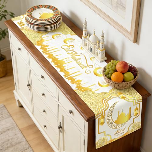 Ramadan Mosque Linen Table Runner: White and Gold Mosque Moon Tablerunner Muslim Eid Al-fitr Eid Mubarak Perfect for Ramadan Party Home Kitchen Dining Mantel 13×72Inches(1 Pcs) - color: Ramadan White
