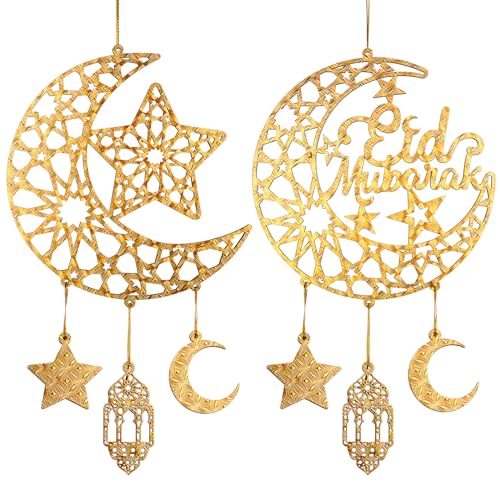 2 Pieces Eid Mubarak Door Sign Wooden Hanging Signs, Ramadan Kareem Hollow Ornament Decorations Moon and Stars, Moon Shape Ramadan Mubarak Party Wood Wall Hanger for Islamic Muslim Home Decor - color: Gold Star