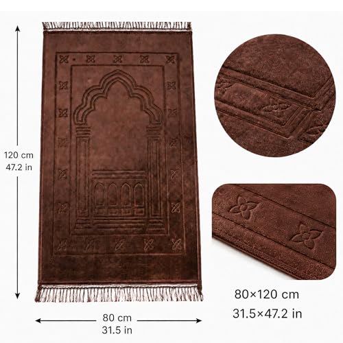 Muslim Prayer Rug Brown Soft Velvet Islamic Sajadah Prayer Mat with Tassels 31.5 x 47.2 in for Home Mosque Travel