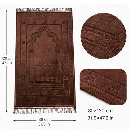 Muslim Prayer Rug Brown Soft Velvet Islamic Sajadah Prayer Mat with Tassels 31.5 x 47.2 in for Home Mosque Travel