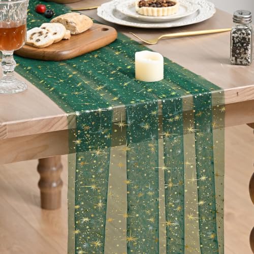 Artoid Mode Gold Stars Green Gauze Table Runner 120 Inch 10FT, Reversible Glitter Sheer Dining Wedding Holiday Birthday Table Decor for Home Party - color: Green Gold, size: 28" x 120"