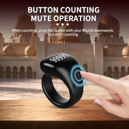 Smart Tasbih Zikr Ring,Adjustable Counter, 3 Sizes (18,20,22mm) Muslim Digital Azan Alarm Clock,APP Support Digital Counter Prayer Reminder Rings, Waterproof 5 Digit Finger Counter zikr Ring - color: Black