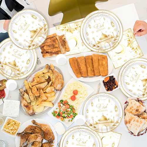 Auch Eid Mubarak Party Supplies Set – 24 Pack Tableware Set for Ramadan Eid Celebrations - Include Plates, Paper Cups, Napkins, Gold Foil Cutlery (White)