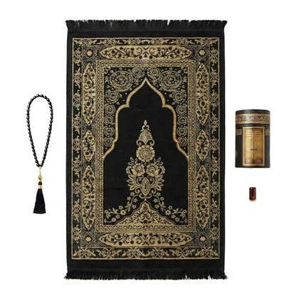 Islamic Prayer Rug 4 Pcs Gift Set with Kaaba Design Box | Sajadah, Tasbih, Perfume | Suitable for Ramadan, Eid, Travel, or Home (Black, Standart) - color: Black