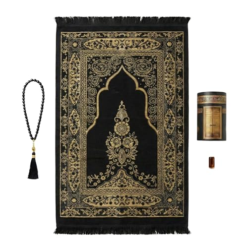 Islamic Prayer Rug 4 Pcs Gift Set with Kaaba Design Box | Sajadah, Tasbih, Perfume | Suitable for Ramadan, Eid, Travel, or Home (Black, Standart) - color: Black