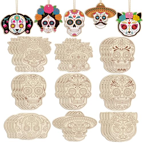 36PCS Wooden Day of The Dead Skull Ornaments to Paint Dia De Los Muertos Decorations Crafts for Kids, Halloween Decorations DIY Blank Sugar Skull Unfinished Mexican Fiesta Cutouts for Party Hanging - color: Dia De Los