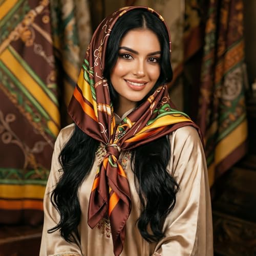 DRESHOW 35” Large Square Satin Head Scarf - 4Pcs Silk Accessories Classic Patterned Squares Beach Bandanas for Women - color: 4 Pcs Printed: Navy Blue, Black, Coffee, Dark Green