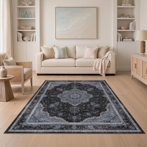 5'x7' Black Charcoal Boho Medallion Design Washable Area Rug - color: Black/Pattern 10, size: 5' x 7' (Rectangular)