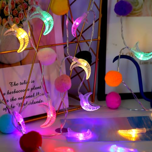 Colroful Moon Lights with Pom Poms Bedroom Decor Twinkle Lights - color: Colorful-Colorful Moon