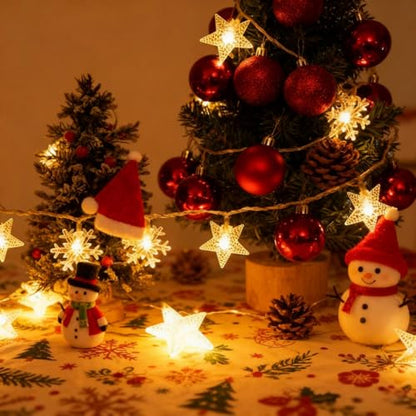 New Year Stars and Snowflakes Hanging String Lights, 20 LED Durable Warm Yellow Fairy Lights,Winter Birthday Mubarak Ramadan Kareem Patio Wedding Party Window Wall Indoor Outdoor Xmas Tree Decorations