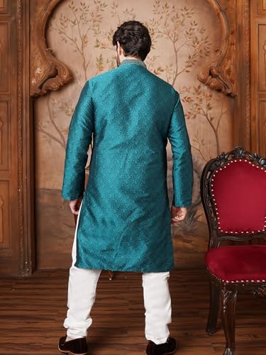 Sojanya (Since 1958 Men'S Teal Silk Blend Kurta Churidar Pyjama Set - color: Teal Green and Off White, size: Large