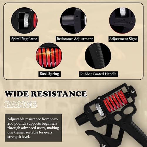Adjustable 10–400 lb Grip Strength Trainer (Premium Adjustable Grip Strengthener for Forearm Training) Alloy Frame, Titanium-Plated Steel, TPR Non-Slip Handles | Color Black
