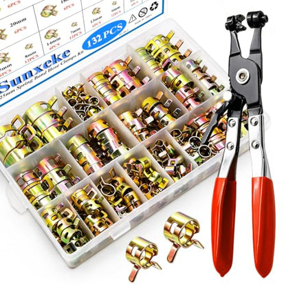 132Pcs 6-25mm Spring Band Hose Clamps Kit,15 Sizes Spring Pipe Clamps,Low Pressure Air Clip Strap Clamp for Silicone Vacuum Hose Clamp Fuel Line Clamps - color: Gold-120pcs + Plier