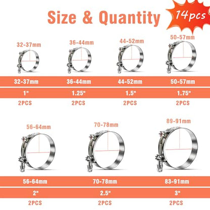 14 Pcs 7 Sizes T-Bolt Hose Clamps, 304 Stainless Steel Turbo Intake Intercooler Clamp,Working Range 32-91mm for 1-3" Hose ID, Radiator Hose Clamps Assortment Set - size: 14PCS KIT-7 SIZES