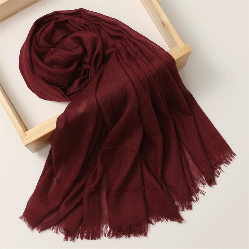 Solid color cotton and linen scarf, wrinkled all season versatile long sunscreen fashionable shawl - color: Jujube Red