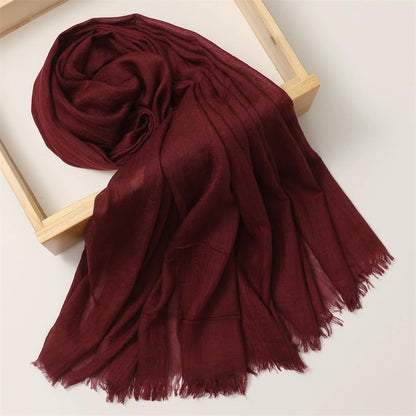Solid color cotton and linen scarf, wrinkled all season versatile long sunscreen fashionable shawl - color: Jujube Red