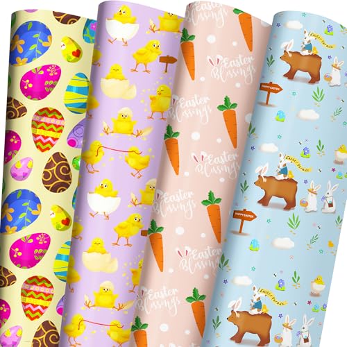 Cuitpan Easter Wrapping Paper Set for Kids and Adults - Holiday Gift Wrap with Bear, Egg, Bunny, Chick, HAPPY EASTER Wording - 20 x 29 inches, 8 folded sheets - Easy to store - color: Colorful-Easter