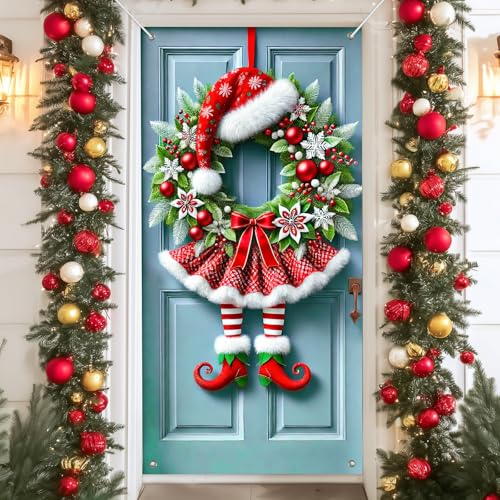 IVN Candy Cane Ring with Santa Hat and Elf Legs Door Cover Decoration 71 x 35 in Holiday Banner Festive Entry Photo Backdrop Indoor Outdoor for Front Door Party Decorations - color: Elf Legs Candy Cane