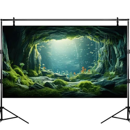 Underwater Aquarium Background Undersea Cave Large Rocks Fish Tank Background Aquatic Plant Lush Green Moss Terrarium Backgrounds Ocean Seabed Caves Landscape Reptile Tank Backgrounds 36x18in - size: 36(W)x18(H)inches/ 90(W)*45cm(H)