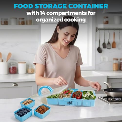 Stackable Snack Organizer Container 2 Pack, 14 Compartments Food Storage Tray with Lids & Handles for Travel & Charcuterie, BPA-Free, Dishwasher & Microwave Safe (Blue 2 Pack) - color: Blue