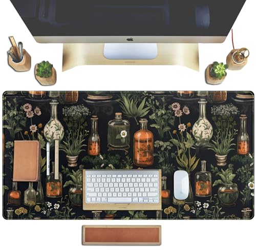 Black Aesthetics Desk Mat Mouse Pad Large Gaming Mouse Pad Desk Pad Mousepad, Mystical Green Plant Computer Laptop Keyboard and Mouse Mat, Desktop Protector Mat for Women Girl Office 31.5x15.8 in - color: Black Mystical Green Plant