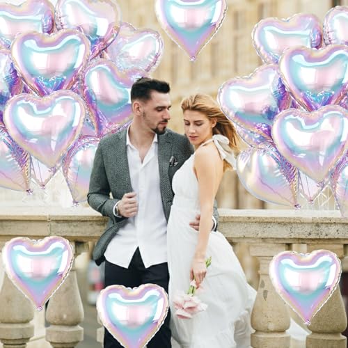Iridescent Heart Balloons, 10PCS Rainbow Foil for Mermaid Birthday Party - color: Iridescent