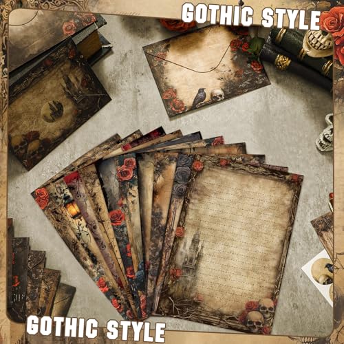 TaoBary 160 Pcs Stationery Paper Set 50 Double Sided Stationery Papers with 50 Matching Envelopes and 60 Round Dot Sticker, 10 Design(Gothic Style,8.25 x 5.5 Inch) - size: 8.25 x 5.5 Inch, style: Gothic Style