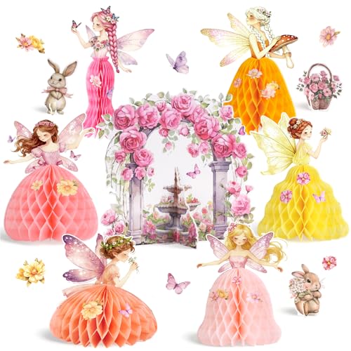 Paper Jazz Fairy Birthday Party Centerpieces for Table, Fairy Decoration with Honeycomb Fairies,Enchanted Forest Decorations with Rabbit for Garden, Princess Themed Party Decorations for Spring - color: Fairy