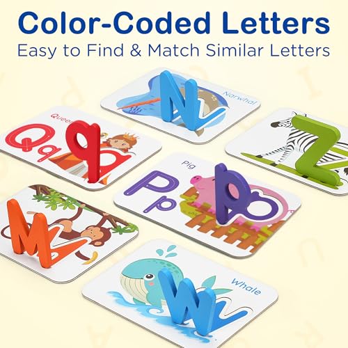 BenBen Alphabet Flash Cards, 52 Upper and Lowercase Wooden Letters, 26 Flashcards, Montessori ABC Learning Toys for Kids Ages 3-5, Preschool Learning Activities, Matching Game Puzzles