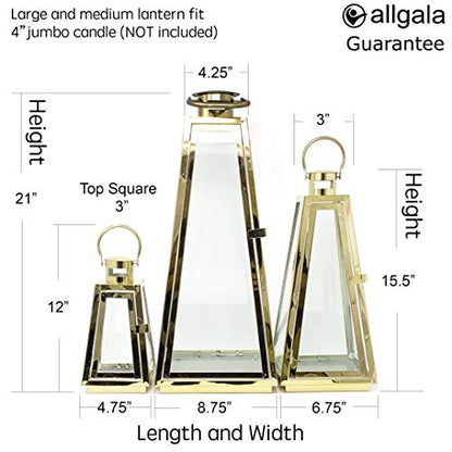 Allgala 3-PC Lantern Set 24 Inch Jumbo Deluxe Modern Indoor/Outdoor Candle Lantern Set Gold Stainless Steel Tapered Trapezoid Frame with Tempered Glass for Garden Patio Fireplace Wedding - color: Taper Gold