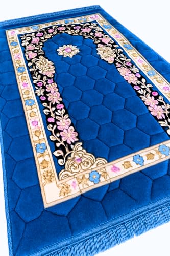 Muslim Prayer Mat - Padded Thick Rug Sajadah for Men Women with Islamic Beads for Eid Travel Ramadan, Soft and Luxury (Blue) - color: Blue
