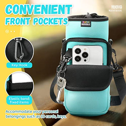 Nuovoware Water Bottle Carrier Bag, 25oz/32oz, Blue-green | Adjustable Shoulder Hand Strap, 2 Pocket, Neoprene Sleeve, For Hiking Travelling Camping - color: Blue-green, size: 25-32 Ounces - Standard