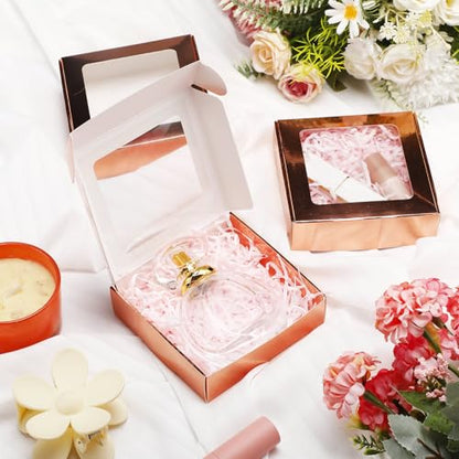 Zonon 30 Pcs Kraft Paper Boxes with Window 4.13 x 4.13 x 1.18 Inch Candy Packaging, Small Gift Boxes, Soap holder, Mini Treat Packaging for Bakery Chocolate Jewelry Display (Rose Gold) - color: Rose Gold
