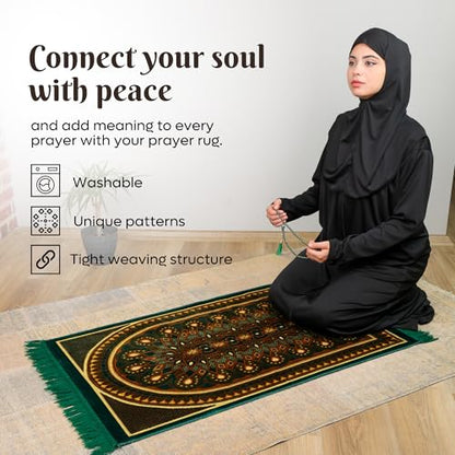 Muslim Prayer Rug, Soft Plush Thin Islamic Prayer Mat, Janamaz, Sajada, Praying Carpet, Islamic Gift for Men & Women, Islamic Ma, Eid & Ramadan Gift with Prayer Beads, 26x43 inch, Green - color: Kaaba / Emeraldgreen