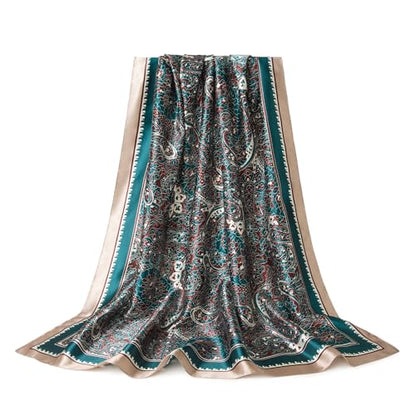 Silk-Feel 35x35 Satin Hair Scarf | Multi-Way Head Wrap for Sleep, Style & Hijab | Gift-Ready Fashion Scarf for Women - color: Green-paisley