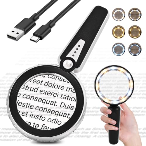 45X Magnifying Glass with Light, 4.6-Inch 1200mAh USB Rechargeable, 6 Color Modes for Low Vision Seniors, Reading, Jewelry & Coin Appraisal - Black Silver - color: Black-silver