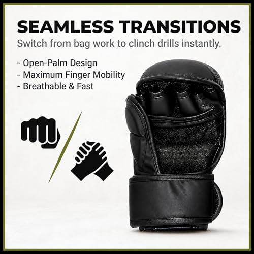 Hybrid MMA Sparring Gloves 7oz, Open Palm with Wrist Support | Comfortable MMA gloves for sparring, striking, grappling and heavy bag training with secure wrist support. - size: Large