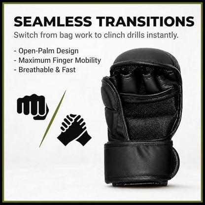 Hybrid MMA Sparring Gloves 7oz, Open Palm with Wrist Support | Comfortable MMA gloves for sparring, striking, grappling and heavy bag training with secure wrist support. - size: Large